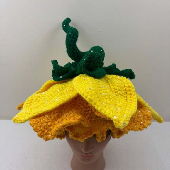 Handmade Crochet Flower Hat With Green Stem & Yellow Petals Fairy Hat Costume main image 11
